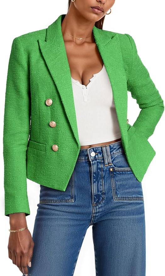 Women Cropped Tweed Blazer Jackets Lapel Open Front Long Sleeve Business Suit Jackets with Pocket