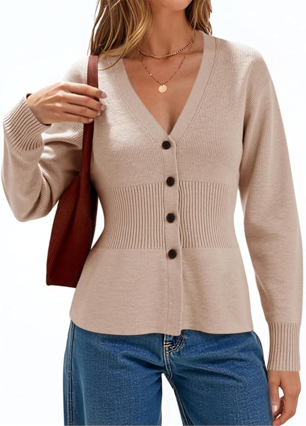 V Neck Cardigan Sweaters Long Sleeve Cinched Waist Knit Tops Dressy Casual Button Up Fitted Outerwear
