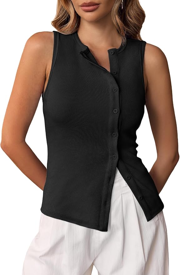 Button Down Tank Tops Summer Sleeveless Vest Tops Trendy Ribbed Fitted Going Out Shirts