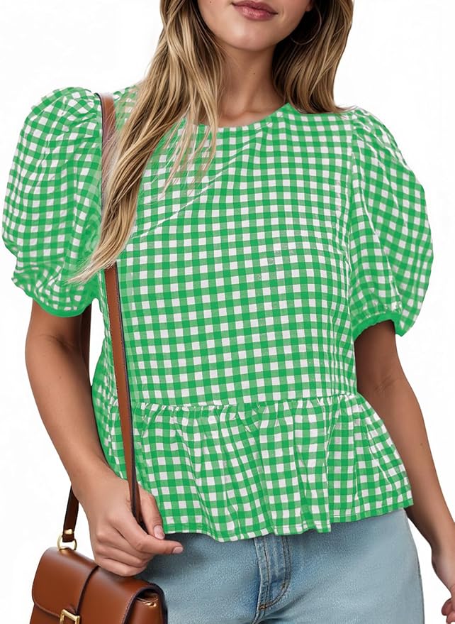 Puff Sleeve Gingham Blouse Summer Ruffle Peplum Babydoll Tops Cute Plaid Cotton Shirts