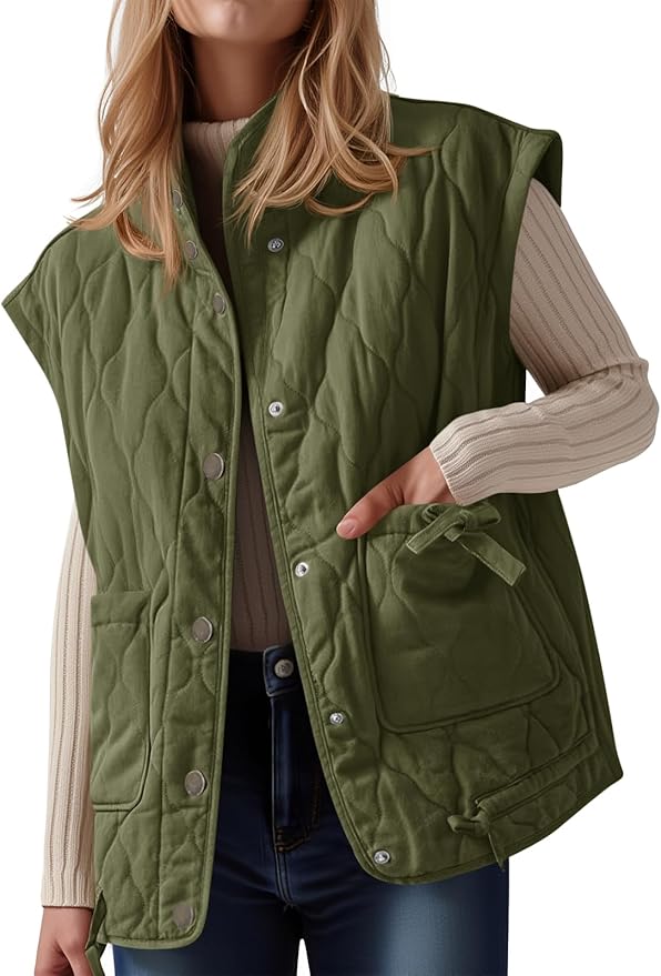 Puffer Quilted Vest Lightweight Stand Collar Cap Sleeve Jackets Button Down Padded Gilet Winter Outerwear