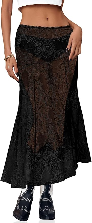 Summer Lace Maxi Skirt Elastic Waist See-Through Asymmetric Hem Beach Cover Up Long Skirt