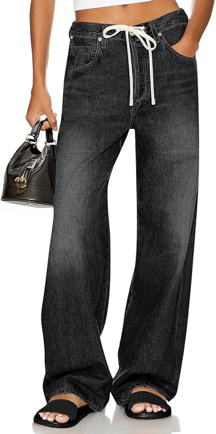 Wide Leg Jeans Drawstring High Waisted Baggy Straight Leg Jeans Trendy Boyfriends Denim Pants with Pockets