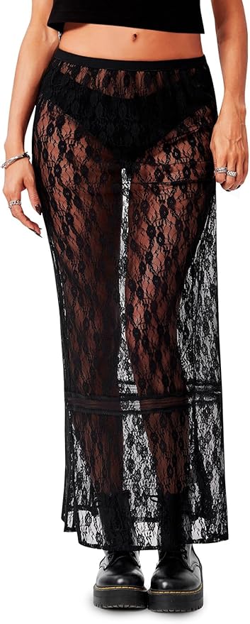 Sheer Lace Maxi Skirt Summer Beach Cover-ups Casual Streetwear Long Y2K Skirts