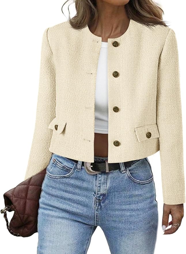 Cropped Tweed Blazer Collarless Button Down Bomber Jacket Business Casual Fall Outfits
