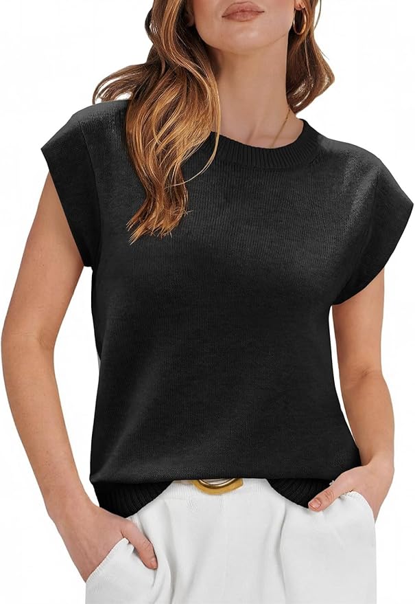 Cap Sleeve Sweater Vest Summer Casual Sleeveless Knit Tank Tops Loose Fit Crew Neck Shirts Pullover