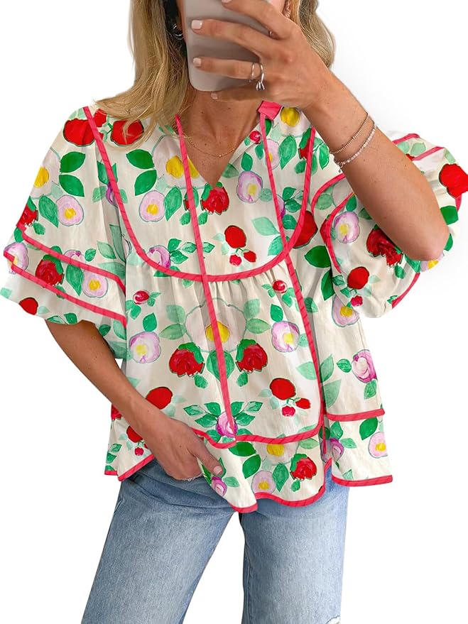 Summer Floral Babydoll Tops V Neck Short Lantern Sleeve Shirts Cute Loose Fit Flowy Blouses