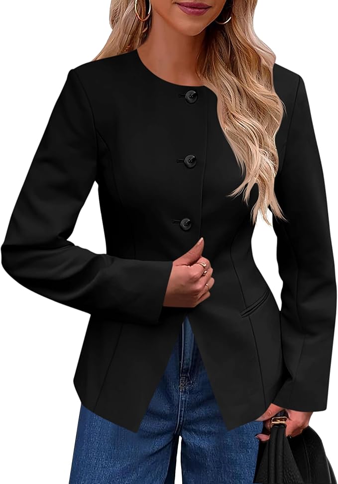 Business Casual Fitted Blazers Collarless Split Hem Work Office Button Down Suit Jackets