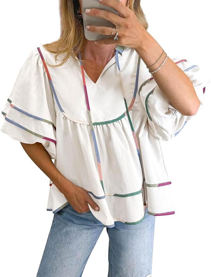 Summer Babydoll Tops V Neck Short Lantern Sleeve Shirts Cute Loose Fit Peplum Flowy Blouses