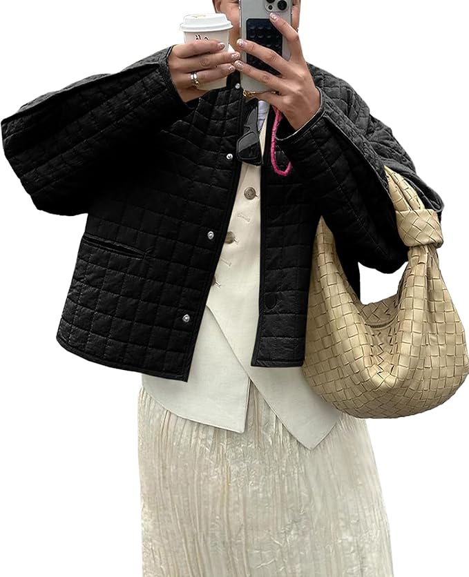 Lightweight Quilted Jacket Fall Casual Collarless Puffer Coats Long Sleeve Button Down Outerwear