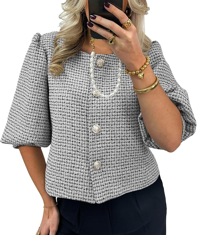 Cropped Tweed Blazers Puff Short Sleeve Crew Neck Button Business Casual Suit Jackets