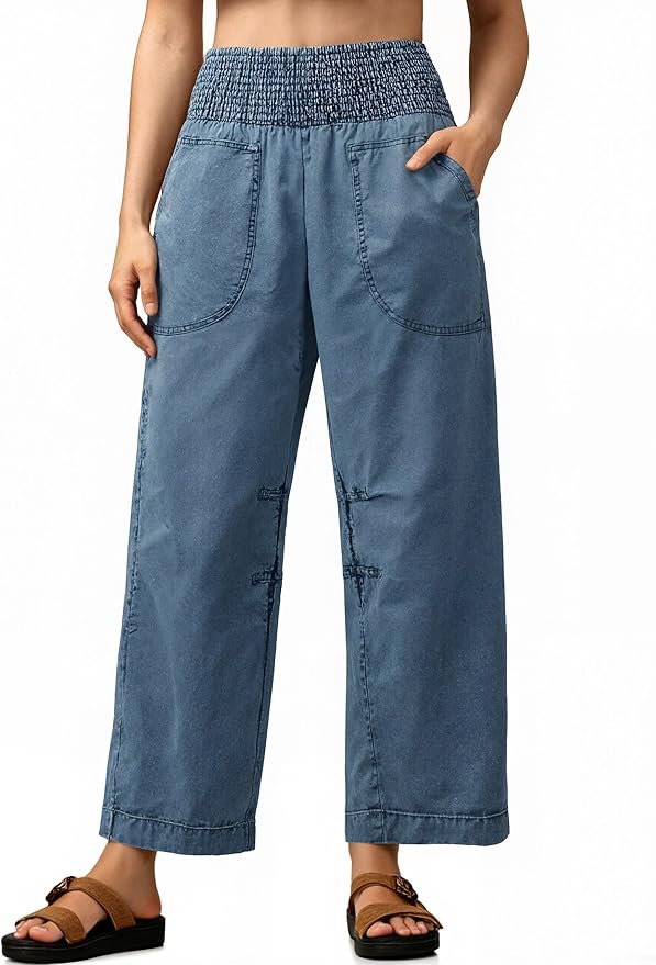 Smocked Barrel Jeans Casual Trendy High Waisted Baggy Pull On Denim Pants