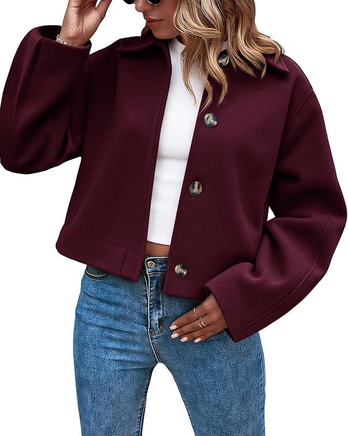 Cropped Pea Coat Casual Button Down Short Jackets Fall Winter Outerwear