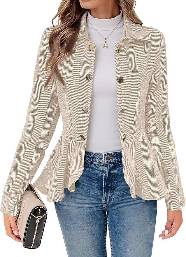 Elegant Women Blazer Business Work Office Peplum Hem Jacket Open Front Herringbone Coats