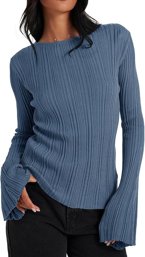Bell Long Sleeve Knit Tops Lightweight Pullover Sweaters 2025 Trendy Going Out Fall Winter Fashion Outfits