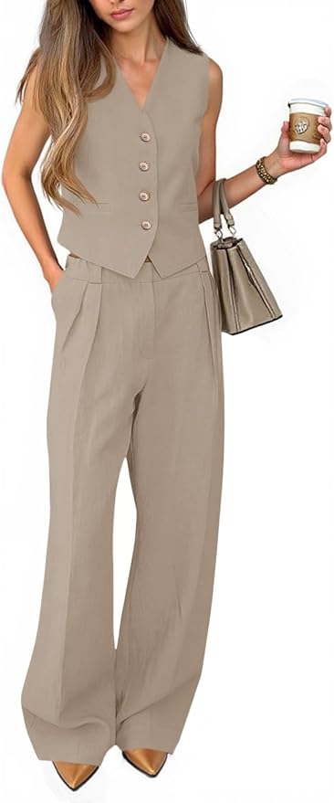 2 Piece Outfits V Neck Pants Sets Crop Vest Blazer and Wide Leg Suit