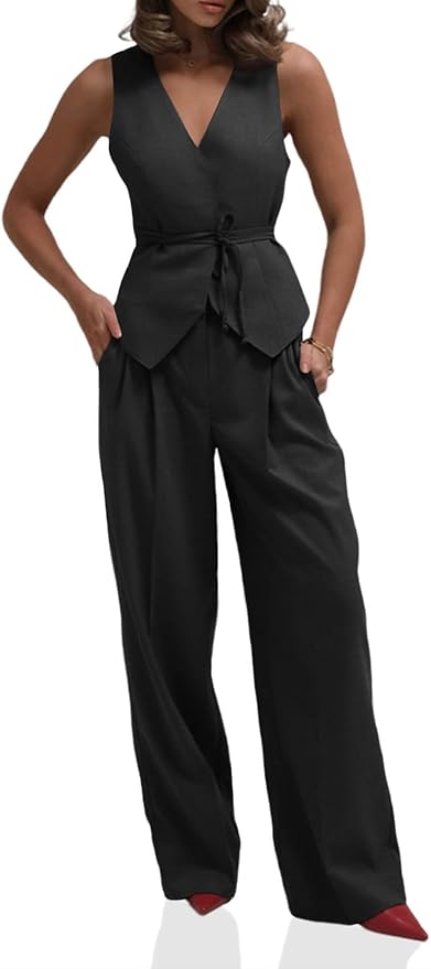 2 Piece Outfits Sleeveless Tie Waist Suit Vest and Wide Leg Pants Business Casual Blazer Sets