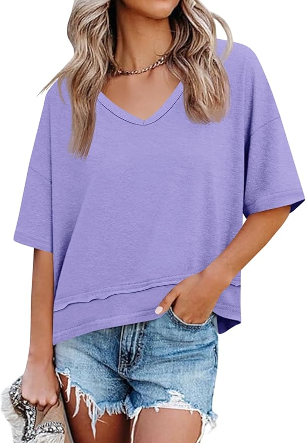 Summer V Neck T Shirts Casual Short Sleeve Flowy Tops Cute Loose Fit Basic Tees