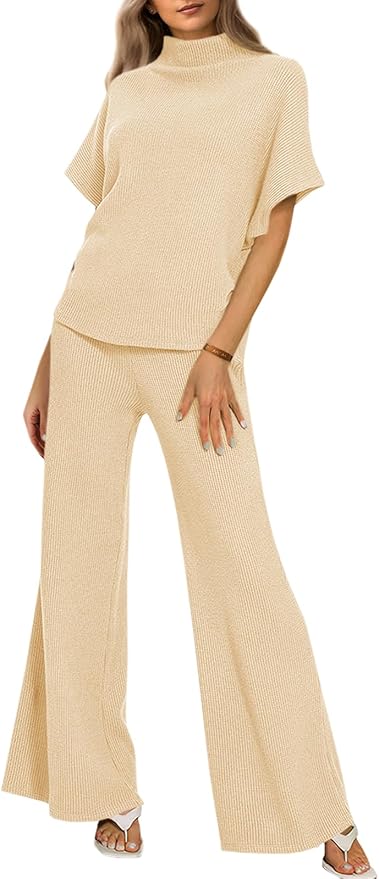 2 Piece Lounge Sets Casual Batwing Short Sleeve Knit Sweater Loose Wide Leg Pants Travel Outfits