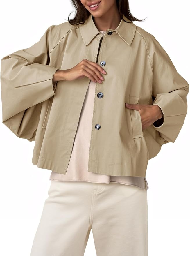 Cropped Jacket Lightweight Batwing Sleeve Trendy Casual Short Trench Coats Button Up Outerwear