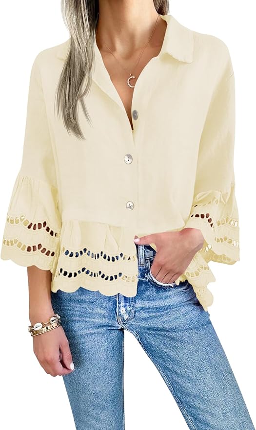 3/4 Bell Sleeve Button Down Shirts Casual Ruffle Hem Tops Eyelet Blouse