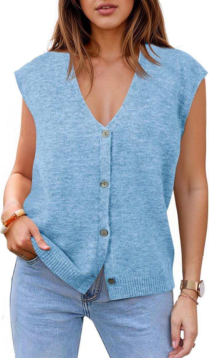V Neck Sweater Vest Casual Button Down Knit Vest Outerwear Sleeveless Trendy Cardigans
